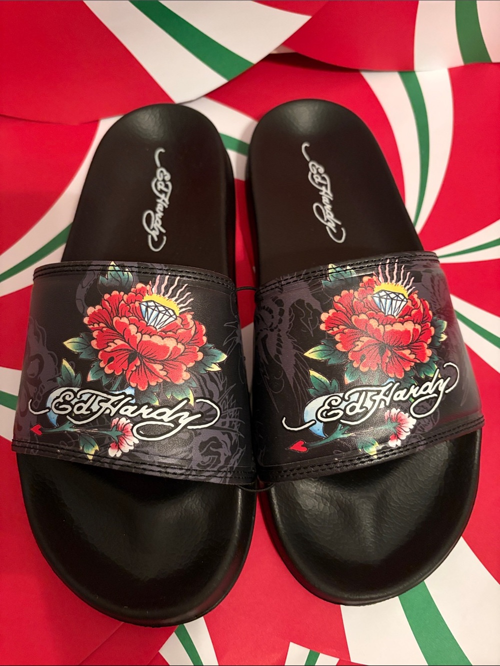 Ed Hardy Black Slide Sandals with Red Floral Tattoo Print